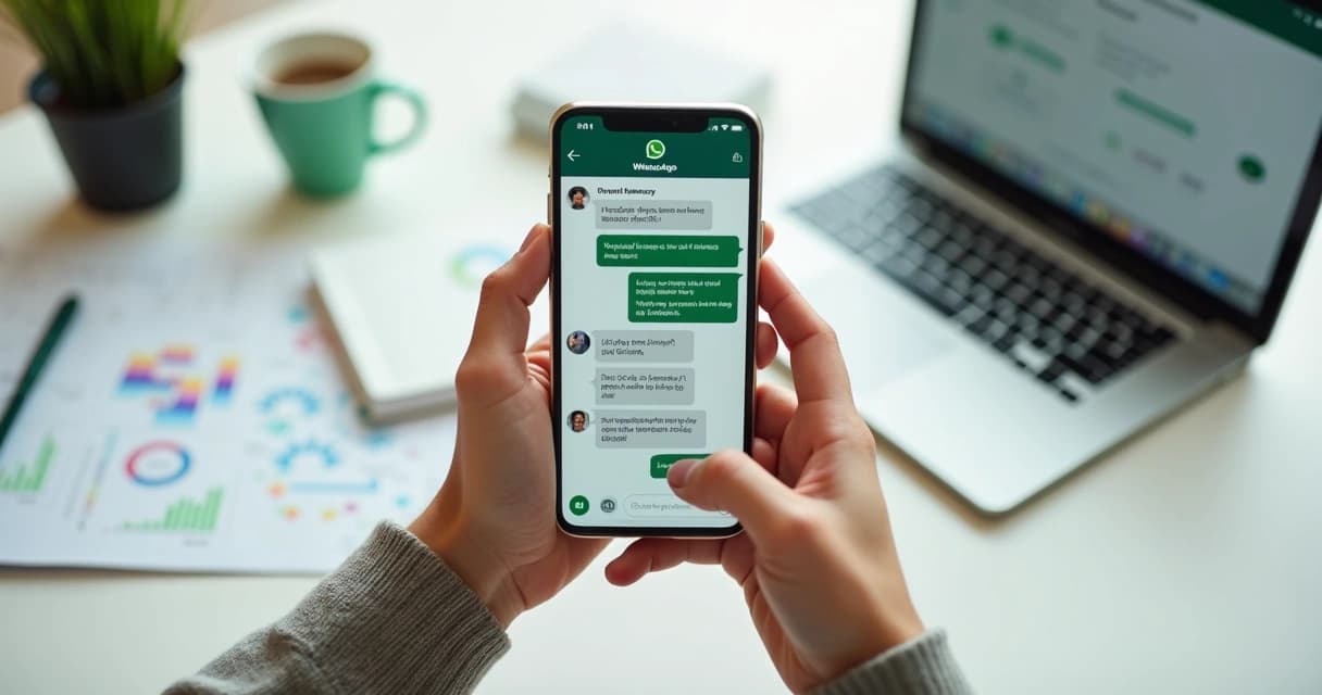 Pessoa segurando smartphone exibindo conversa de atendimento com IA no WhatsApp 