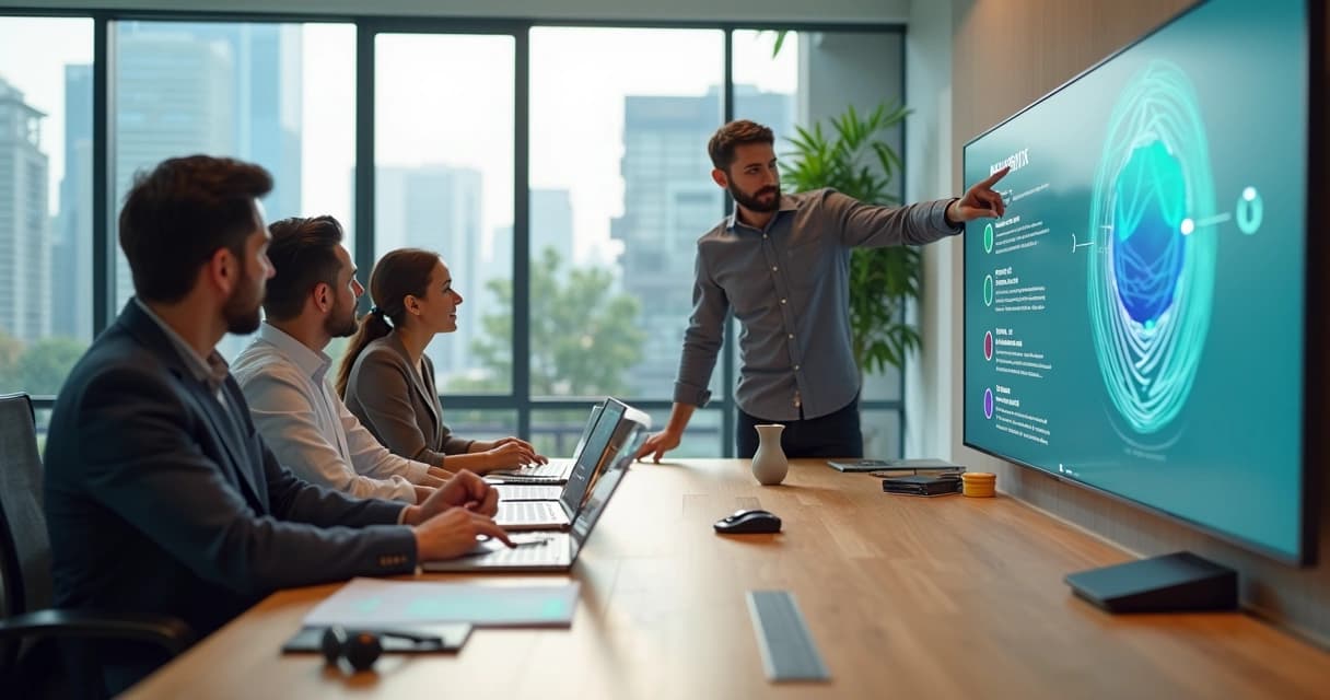 Equipe em treinamento interagindo com painel de assistente de IA 