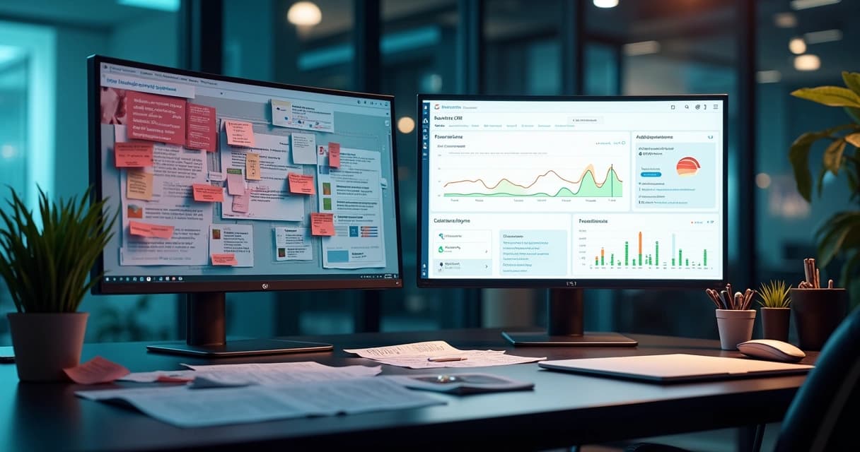 Tela dividida mostrando painel de CRM caótico ao lado de painel limpo e organizado 