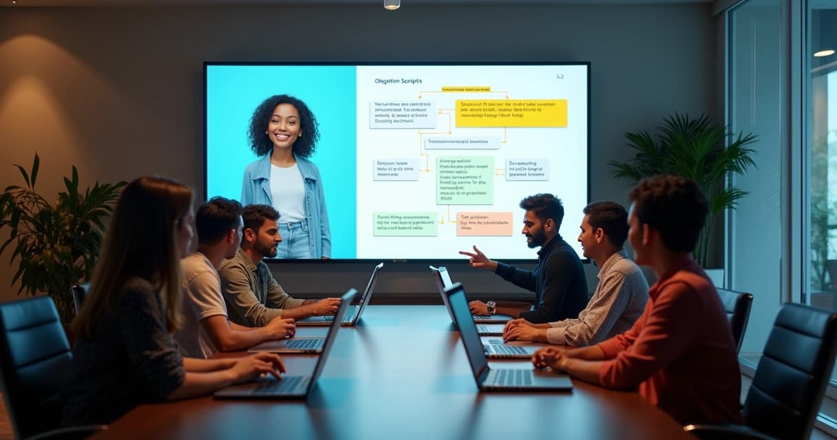Agente virtual em tela grande ajustando respostas para objeções de clientes 