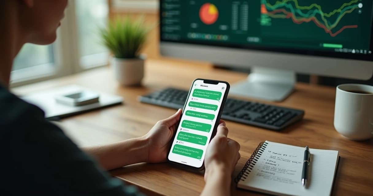 Profissional digitando follow-up no WhatsApp em mesa de trabalho iluminada 
