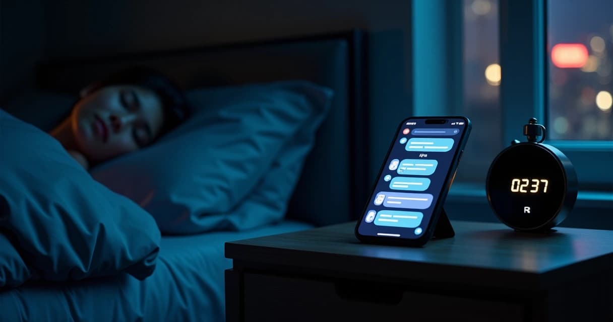 Notificações de mensagens chegando em celular sobre mesa ao lado da cama escura 