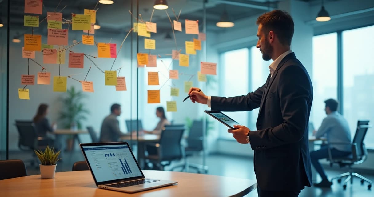 Gestor observa grande mapa visual de qualificação automática de leads em escritório moderno 