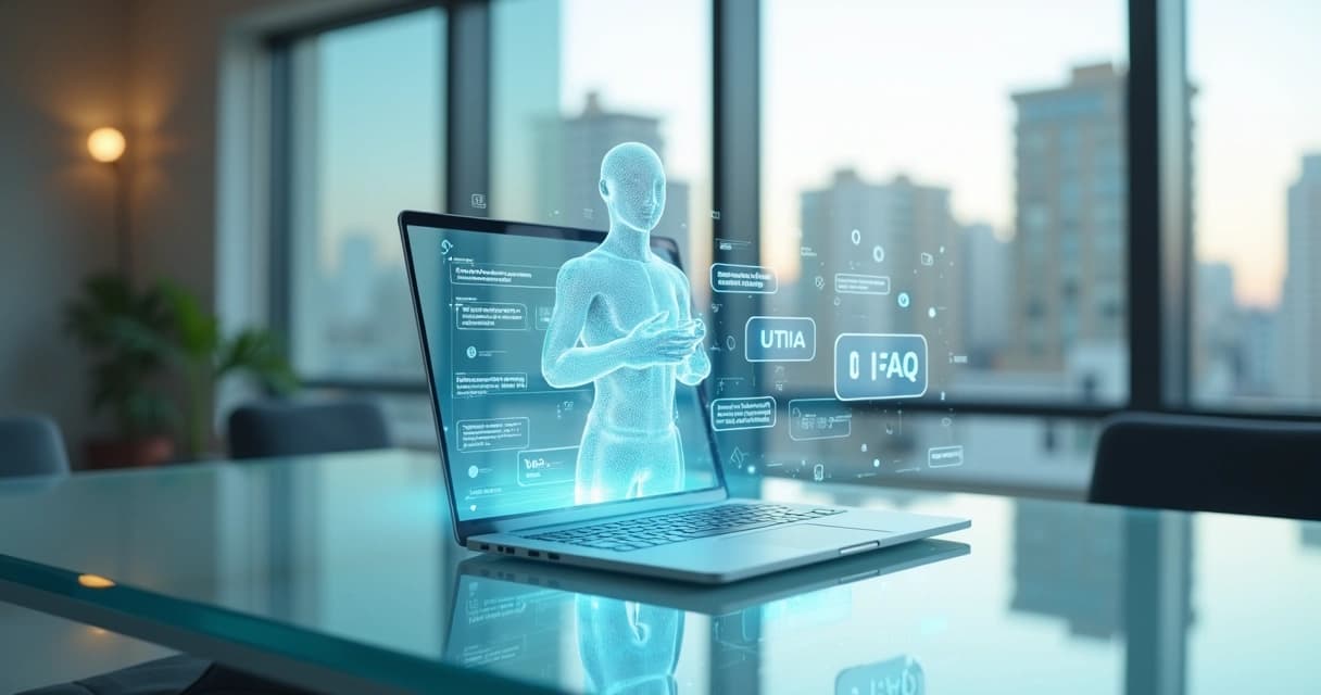 Assistente virtual transparente organizando perguntas frequentes em tela holográfica 