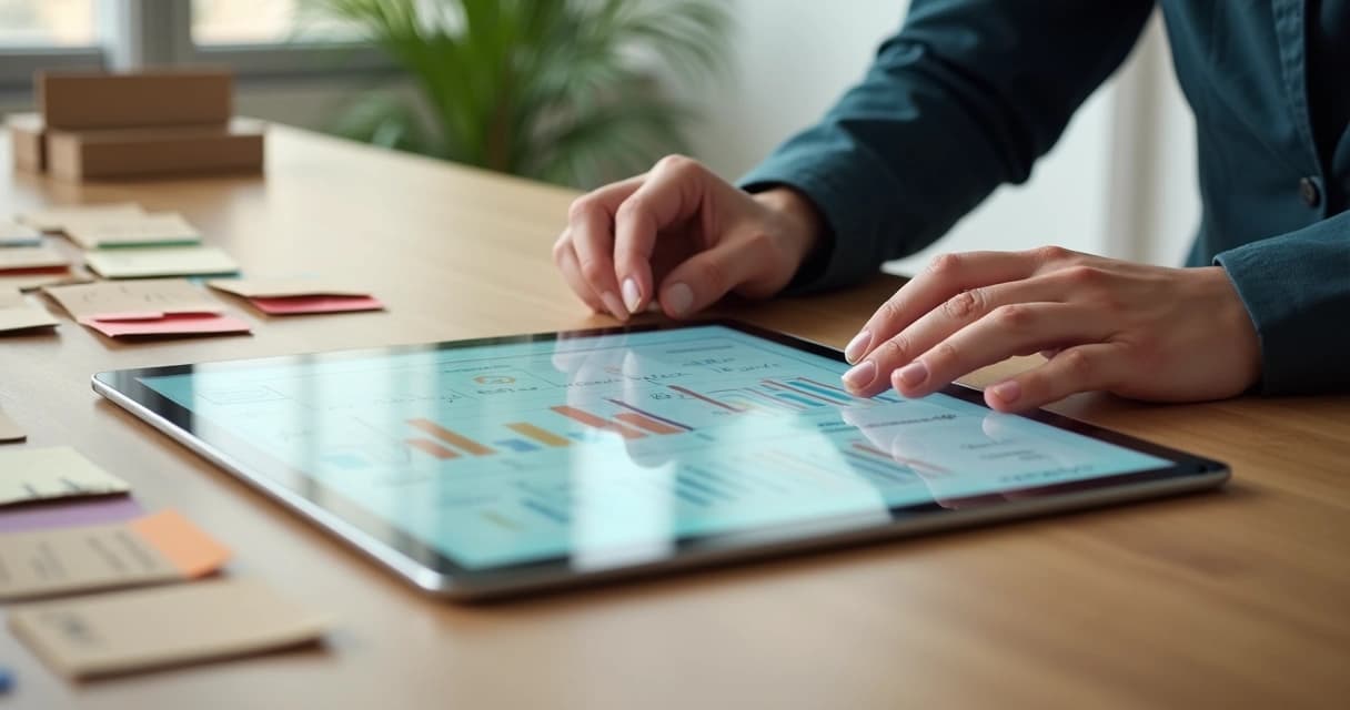 Profissional analisando leads em cartões e tela digital lado a lado 
