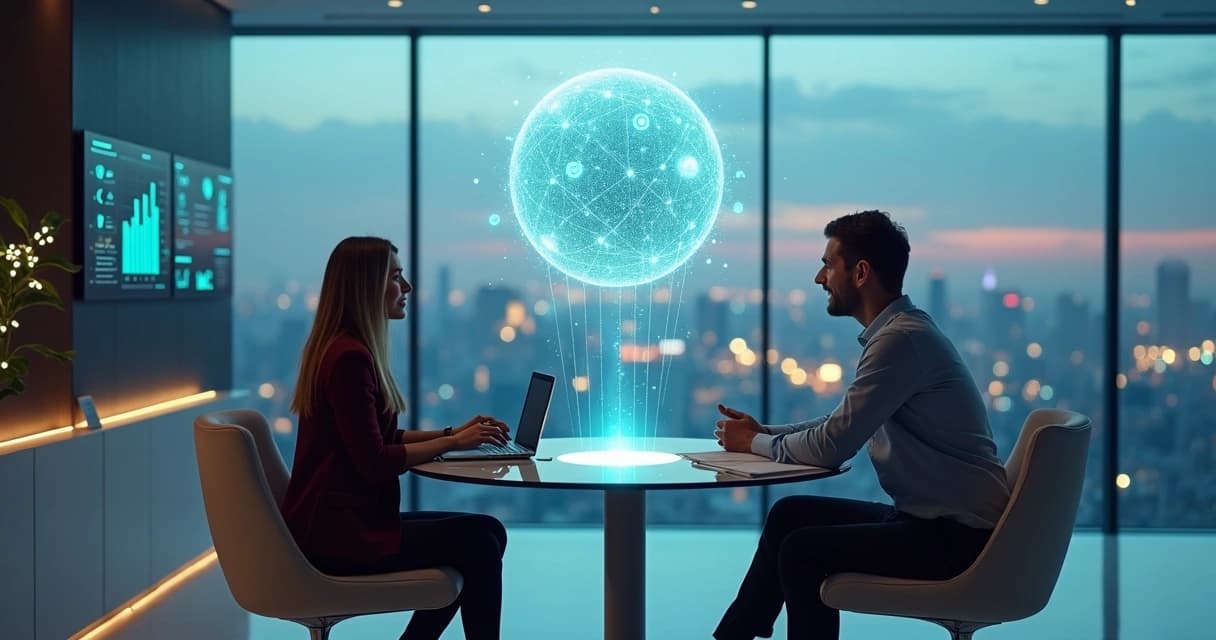Sala futurista com chatbot exibido como esfera luminosa acima de mesa de negociação 
