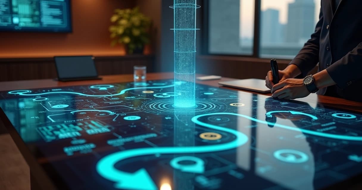 Consultor desenhando jornada de leads em grande mapa digital com ícones de conversa e dados 