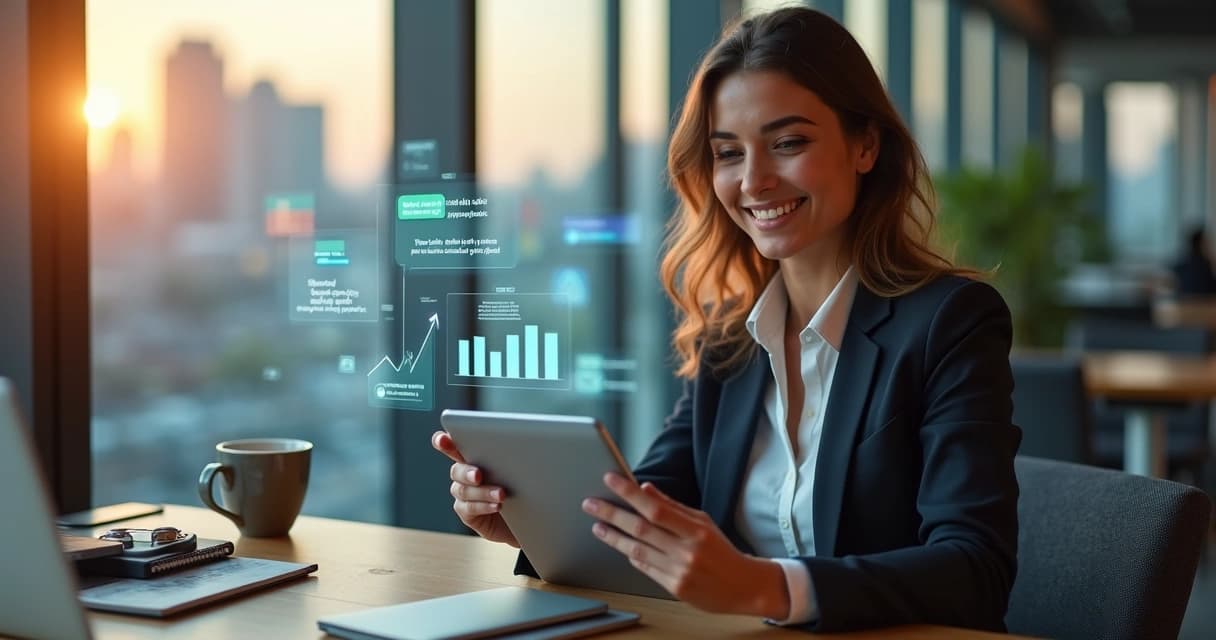 Empresária analisando no tablet o impacto das respostas automáticas nas vendas 