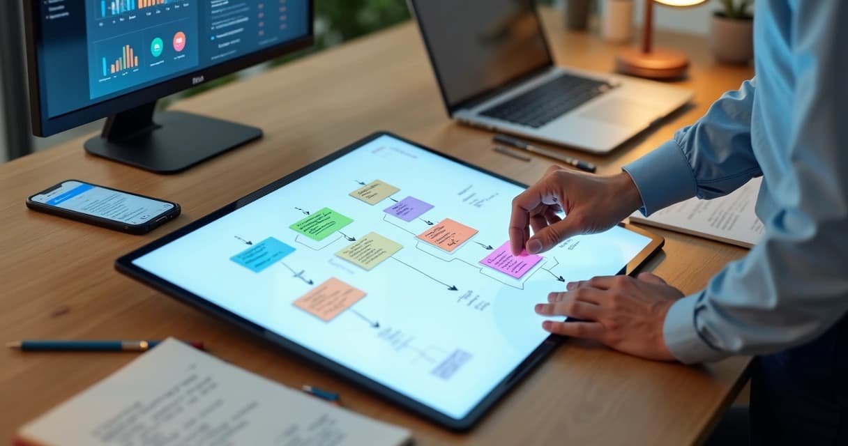 Profissional organizando fluxo de perguntas de qualificação de leads em painel com cartões coloridos 