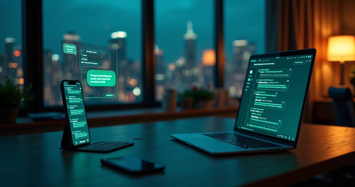 Escritório escuro à noite com mensagens de clientes sendo respondidas por tablet aceso 