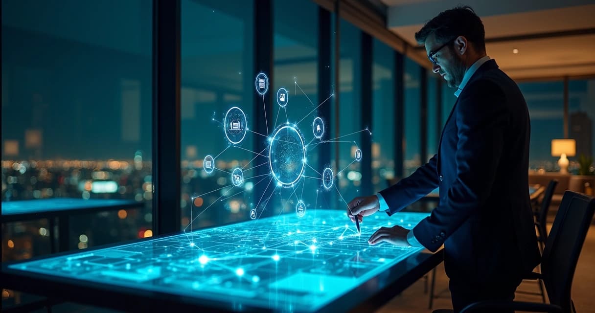 Executivo avaliando ícones de integrações conectados em formato de constelação digital 