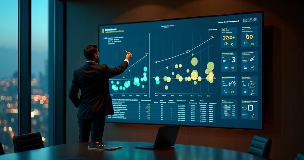 Gestor B2B apontando para matriz de qualificação de leads em tela gigantesca 