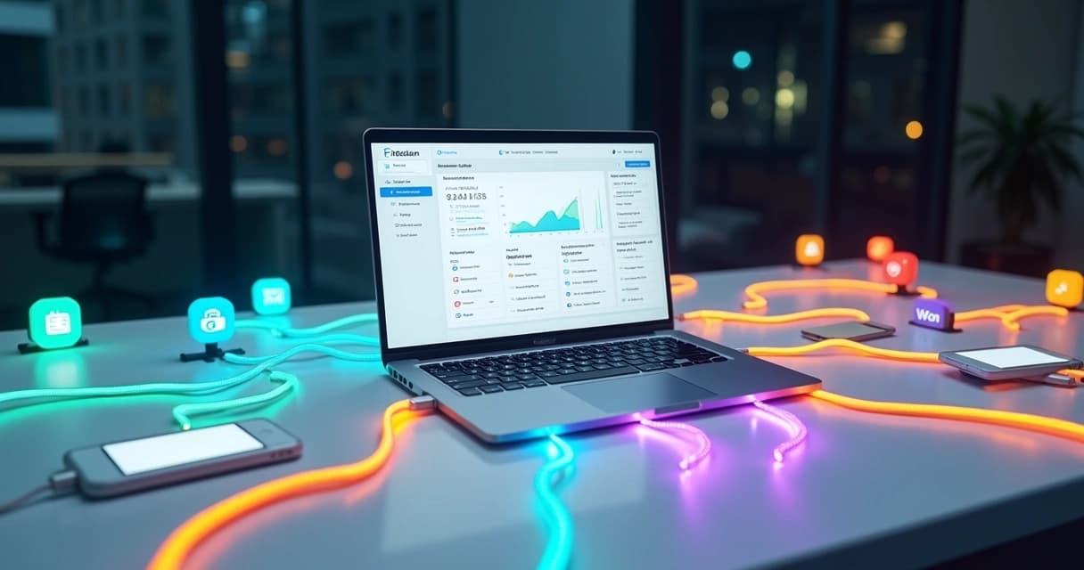 Fluxo de leads correndo por cabos coloridos conectando aplicativos de CRM 