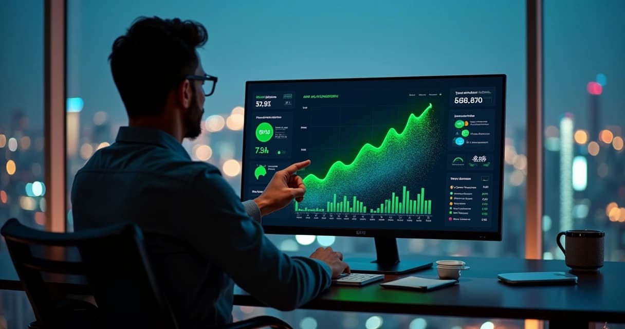 Gestor analisando painel de ROI com fluxo de conversas automatizadas por IA 