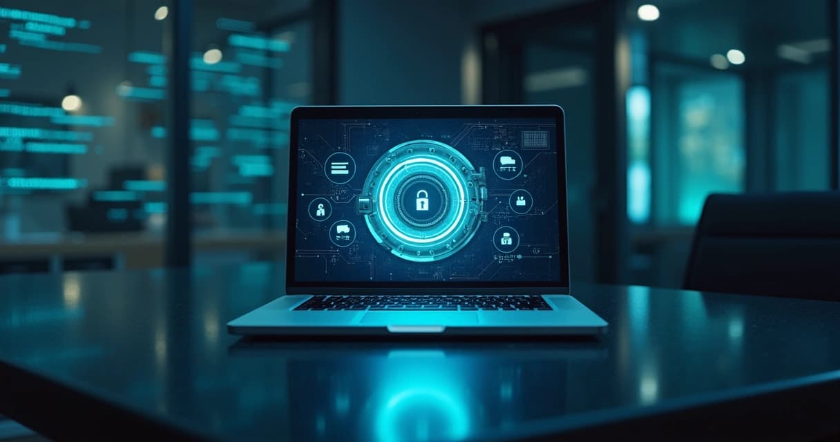 Cofre digital brilhante protegido por escudo sobre tela com dados flutuantes 