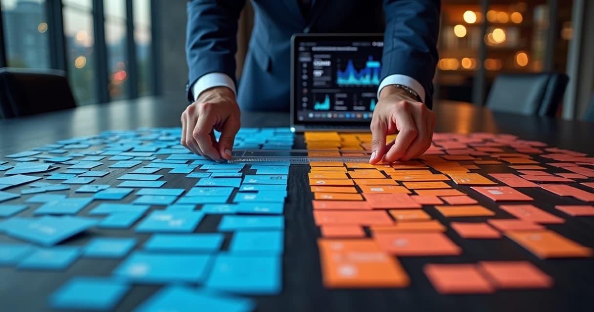 Gestor separando cartões de leads frios e quentes sobre grande mesa de escritório 