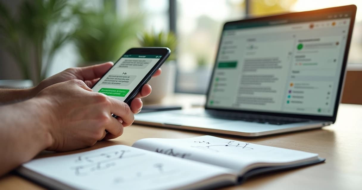 Pessoa escrevendo perguntas abertas em conversa de whatsapp com painel de leads qualificados ao fundo 