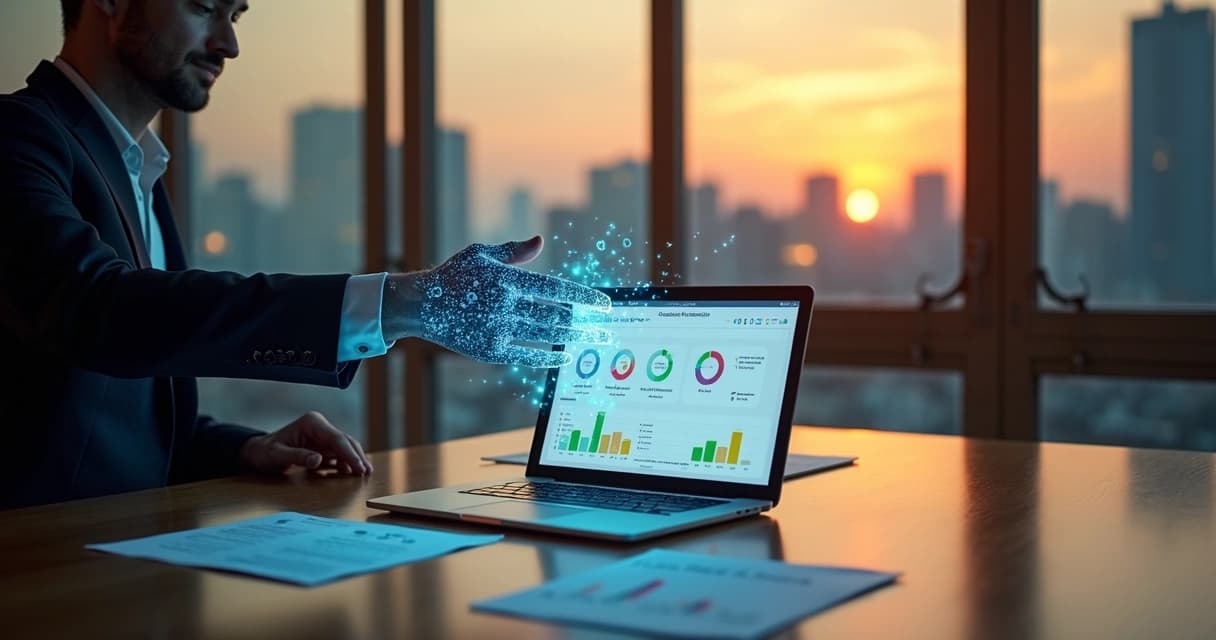Executivo apertando a mão de agente digital em mesa com painel de métricas de leads ao fundo 