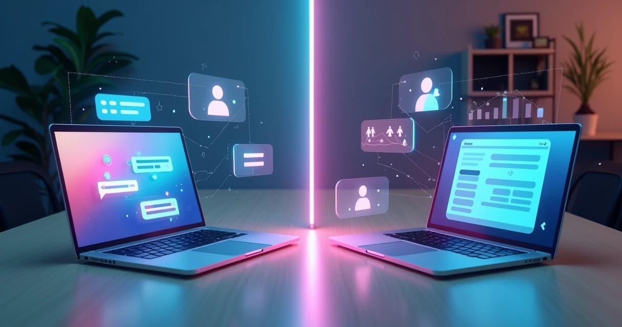 Divisão entre chatbot dinâmico e formulário estático simbolizando captação de leads 