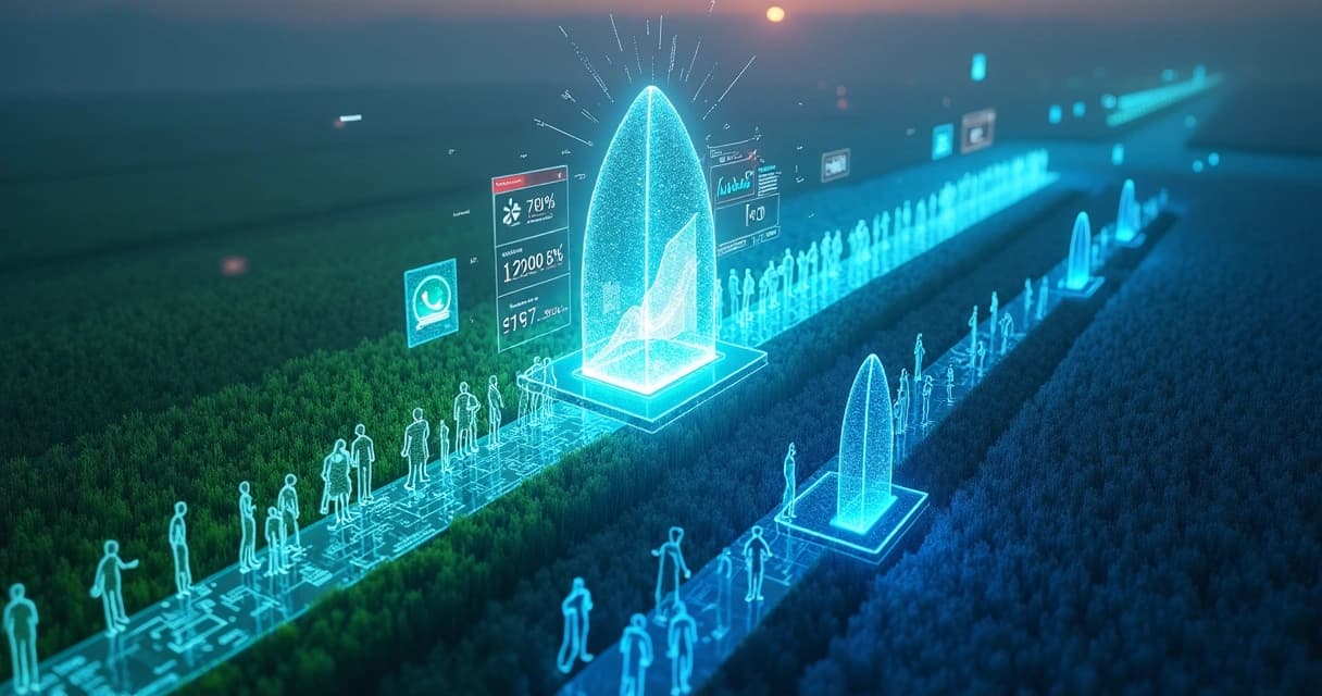 Vista aérea de duas multidões em campos verde e azul conectadas por ícones de mensagem e gráficos de conversão