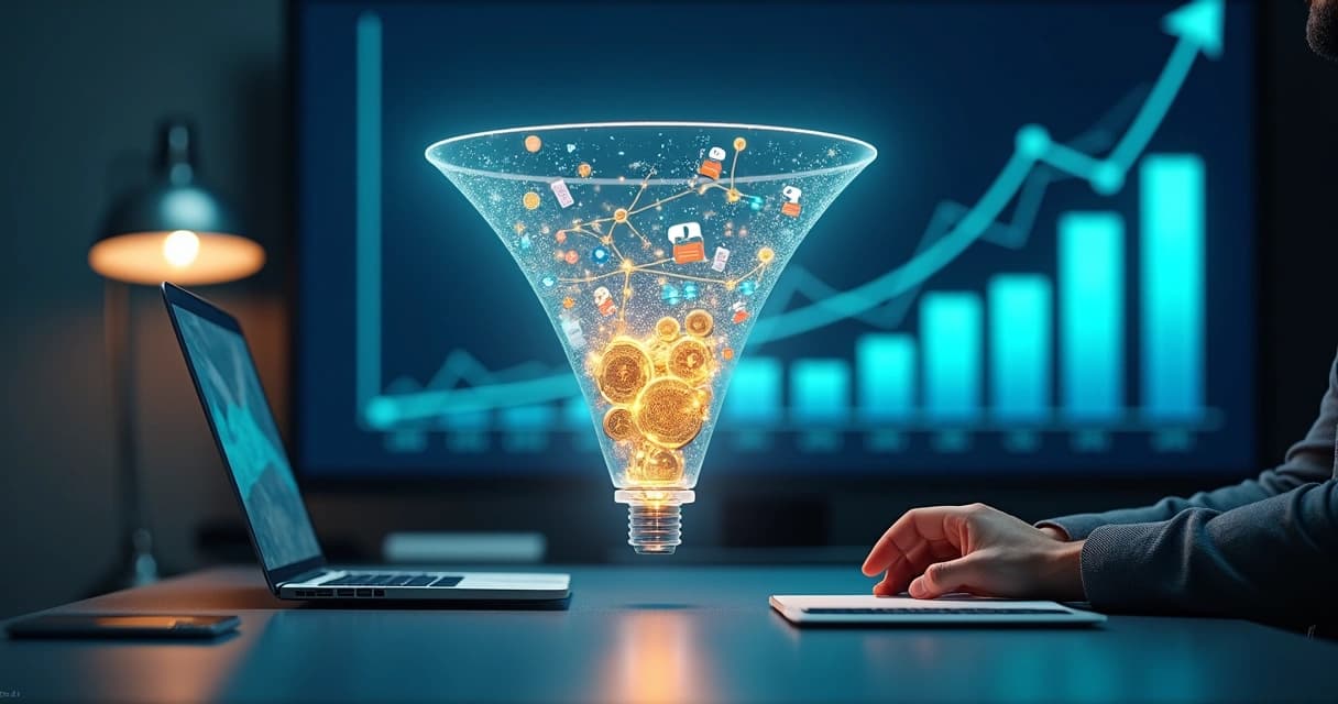 Funil de vendas digital com ícones de mensagens e algoritmo de IA brilhante