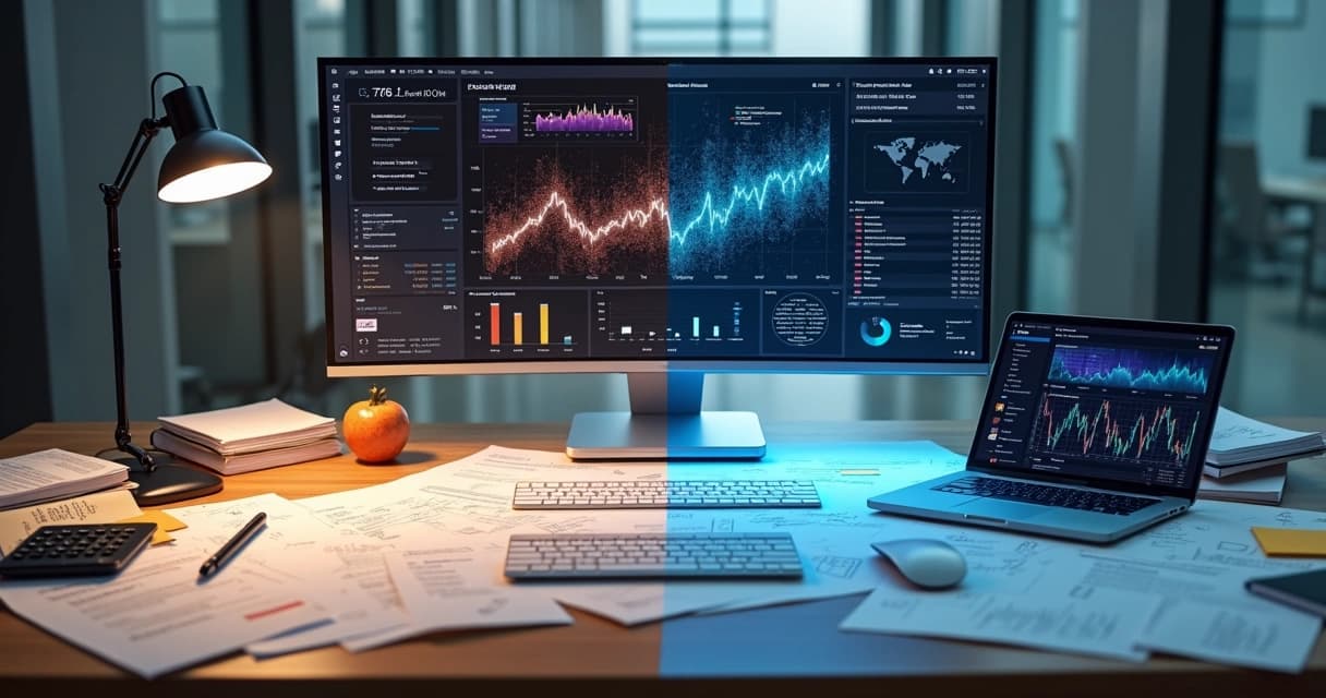 Mesa com metade analógica e metade digital comparando lead scoring automático e manual