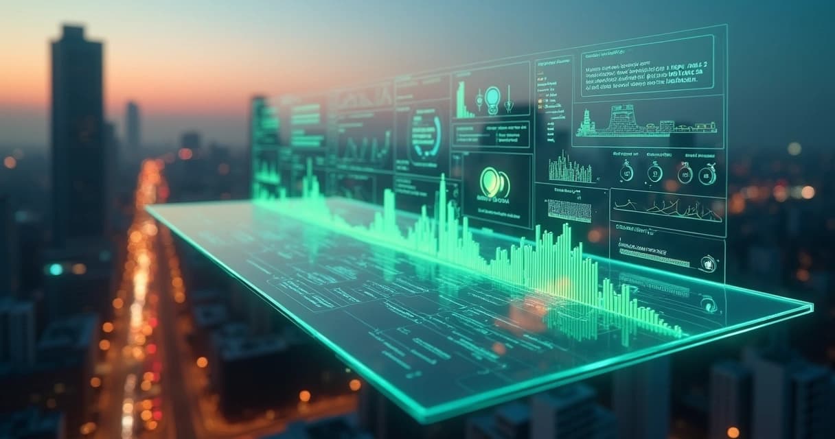 Painel transparente flutuando sobre cidade mostrando métricas de atendimento por IA