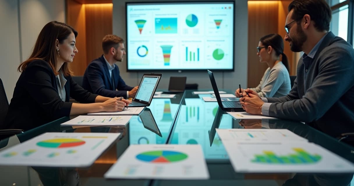 Equipe analisa relatório de qualificação de leads projetado em quadro numa sala de reunião moderna