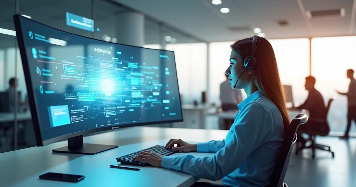 Atendente humano recebe atendimentos organizados por um painel enquanto um assistente virtual aparece como holograma ao lado