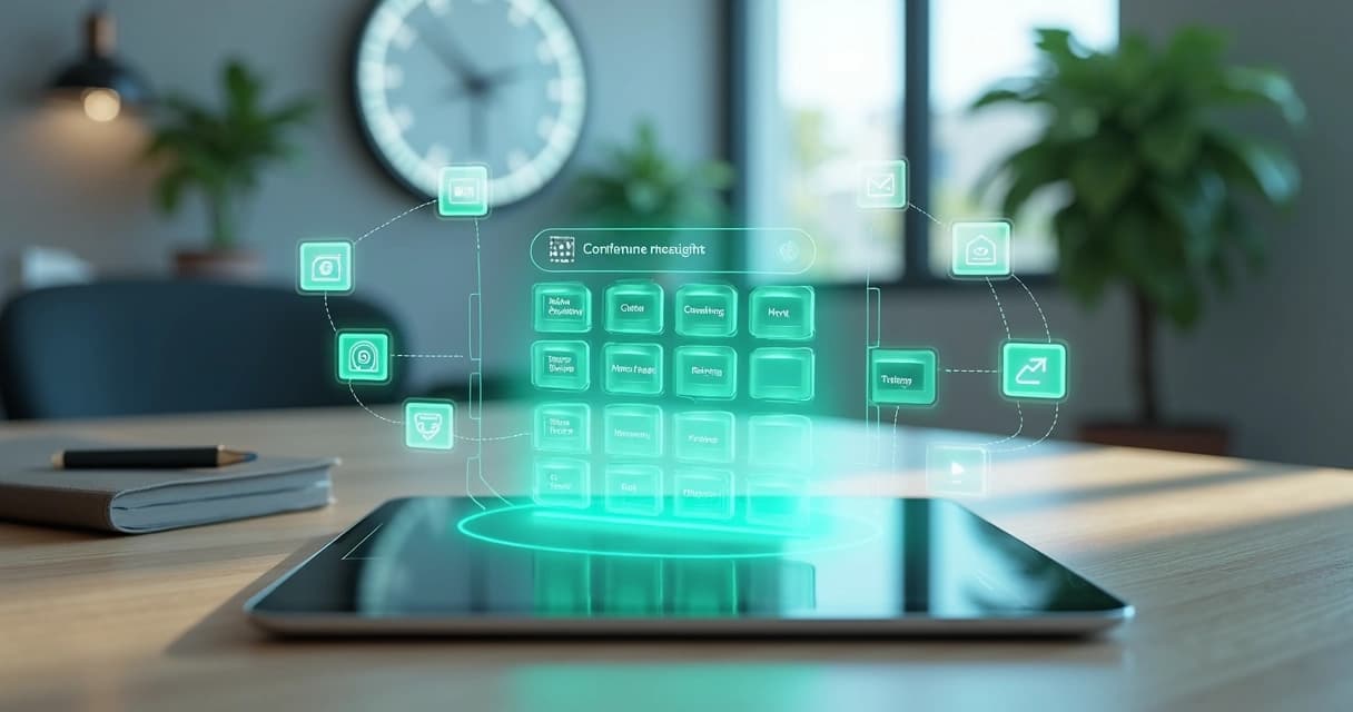 Agenda digital projetada em mesa clara com ícones de mensagens e relógios em volta