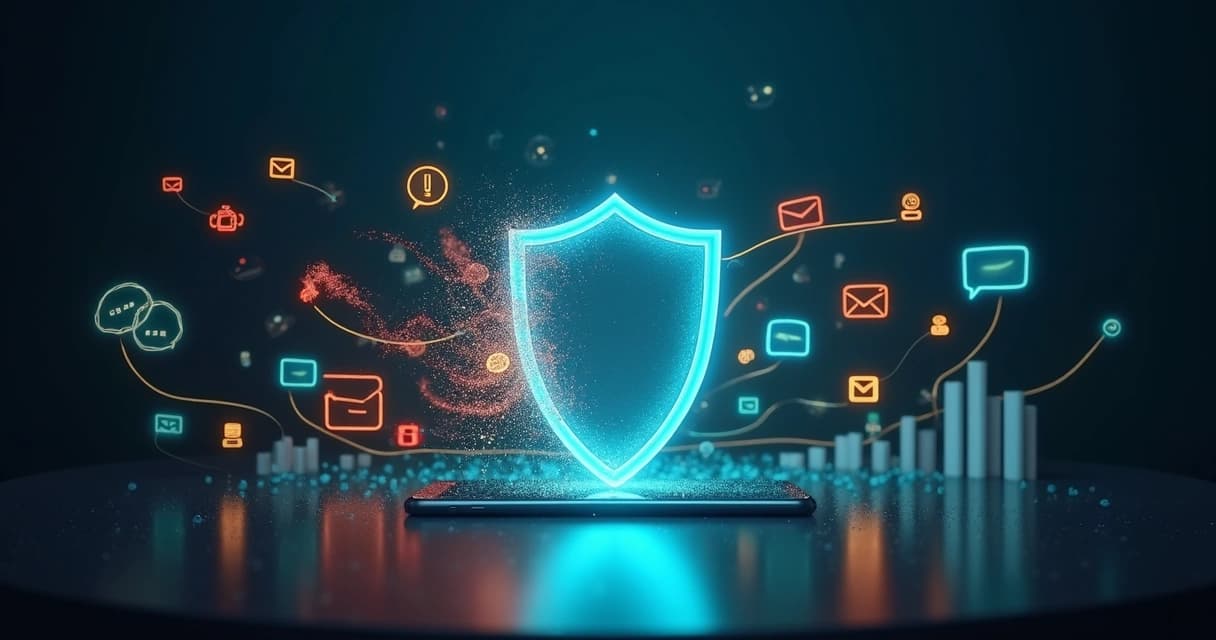 Escudo digital bloqueando ícones de spam ao redor de leads organizados