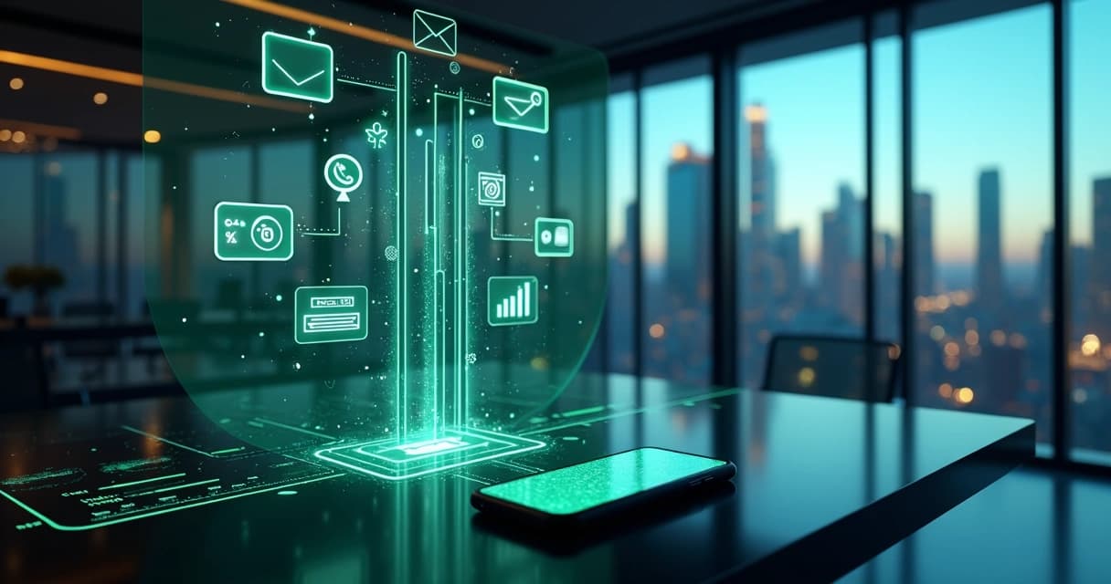 Painel curvo com vários canais digitais convergindo para celular com WhatsApp