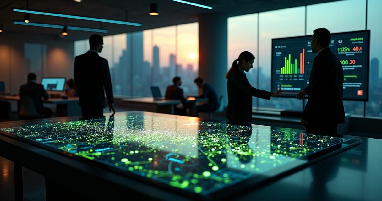Quadro digital com semáforo destacando leads prioritários em escritório moderno