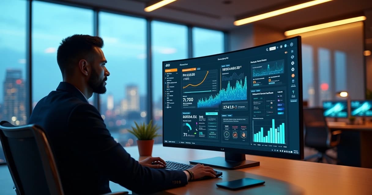 Executivo acompanha painel digital de desempenho com ícones de mensagens e relógios
