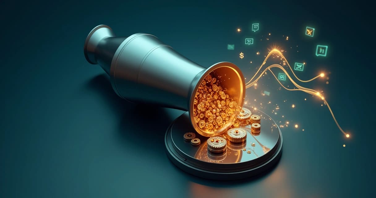 Engrenagens douradas conectadas a um funil digital com ícones de leads em luz azul