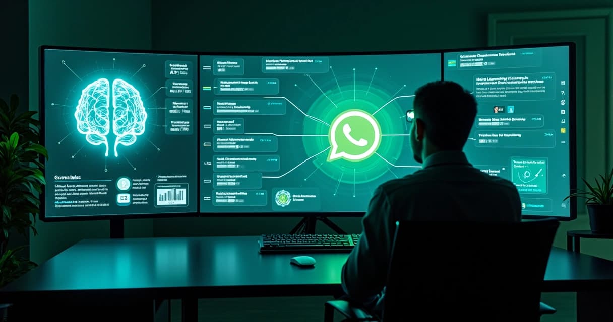 Sala escura com painel digital mostrando calendário e ícone do WhatsApp integrados a uma IA