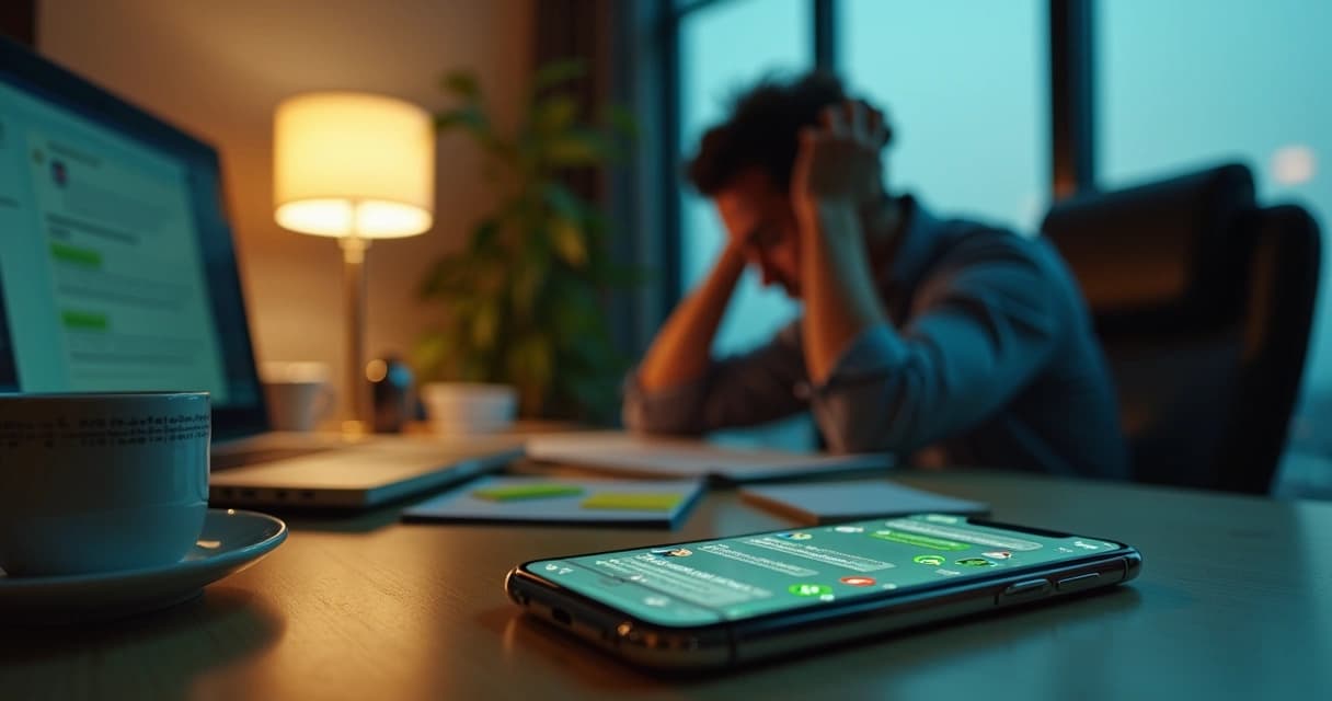 Empreendedor olhando preocupado para tela de WhatsApp cheia de mensagens não respondidas